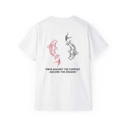 Emboldening Koi Fish Tee, Inspirational Quote Shirt, Swim Against the Current Shirt, Dragon Motif T-Shirt, Unisex Motivational Apparel